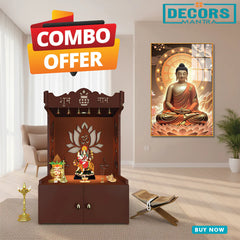 Lotus Pattern MDF Wood Temple with Spacious Shelf & Inbuilt Focus Light- Brown with Beautiful Meditation Gautam Buddha Acrylic  canvas painting