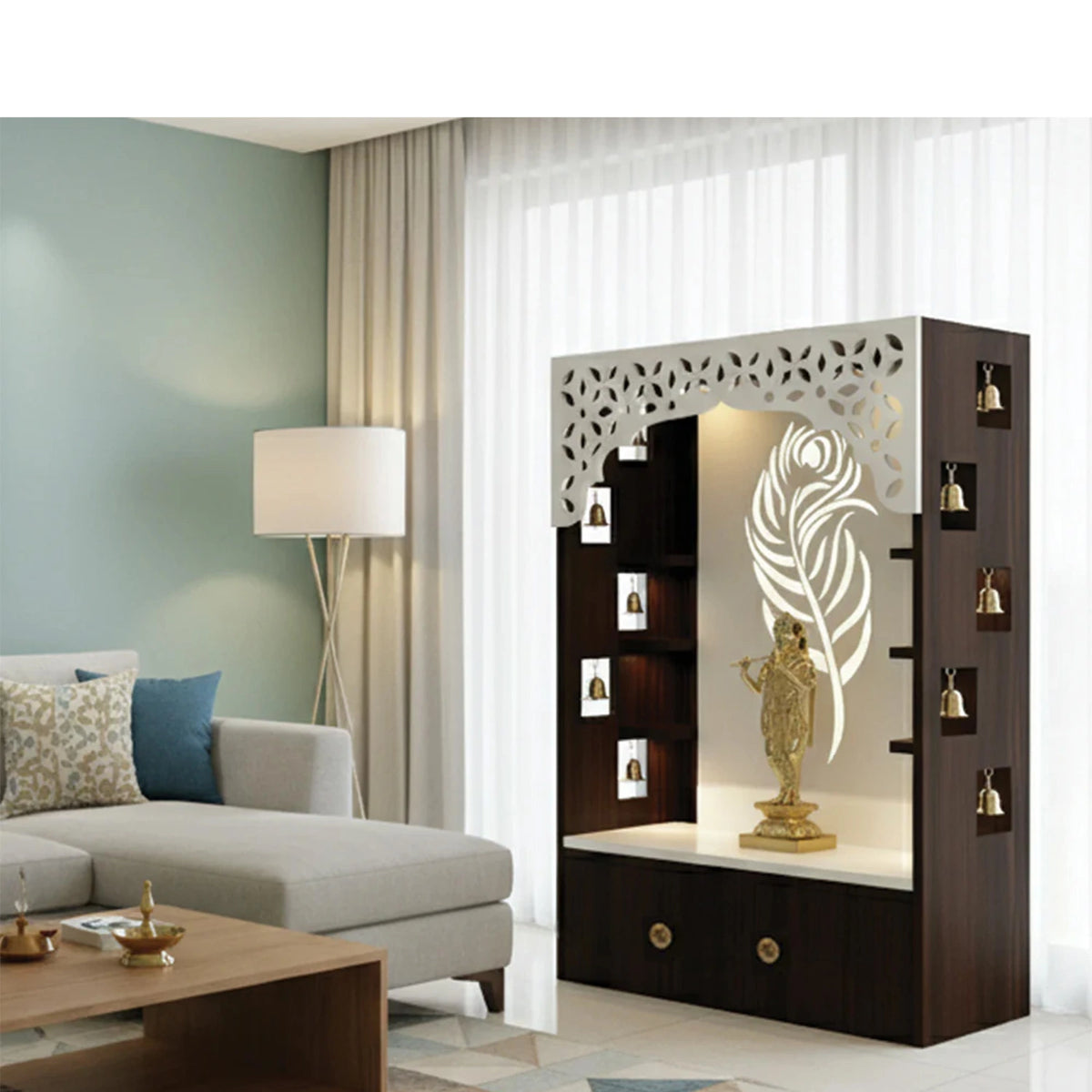 Premium Quality Temple with Inbuilt Focus Light & Spacious Wooden Shelf Walnut Color