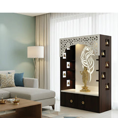 Premium Quality Temple with Inbuilt Focus Light & Spacious Wooden Shelf Walnut Color