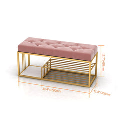 Upholstered Pink Velvet Luxurious Golden Shoe Rack Bench Organizer