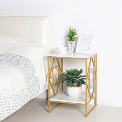 Square Geometric Rhombus Frame End Side Table with Golden Metal Finish