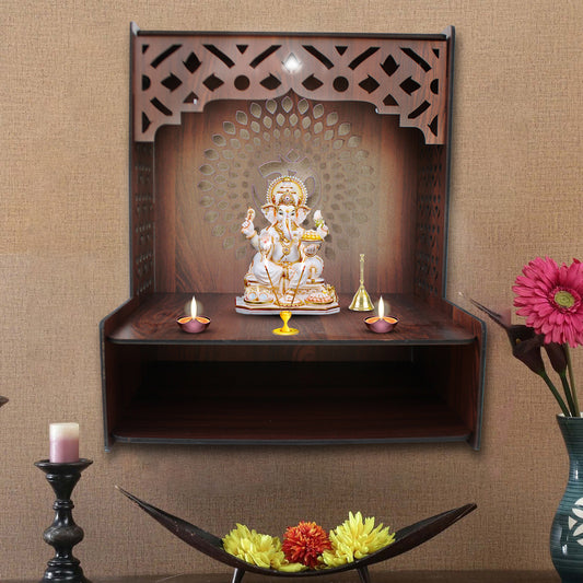 Aesthetic Space-Saving Wooden Temple for Home with Spacious Shelf & Inbuilt Focus Lights