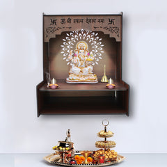 Luxurious Wood Temple for Home with Spacious Shelf & Inbuilt Focus Lights