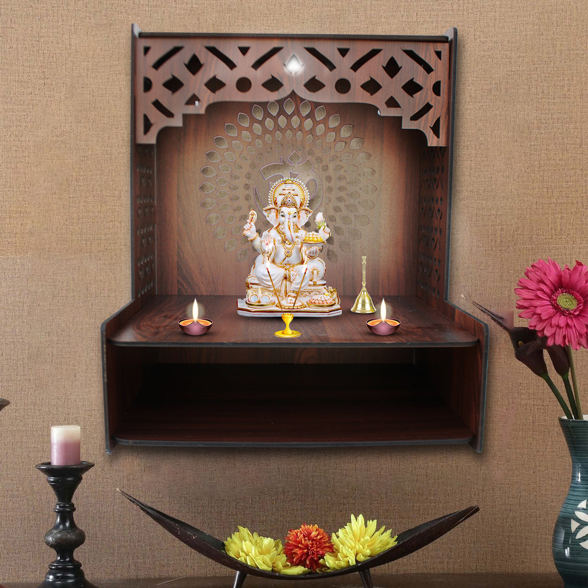 Portable Pooja Mandir for Home with Spacious Shelf & Inbuilt Focus Lights