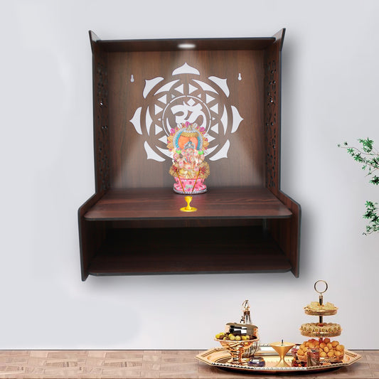 Beautiful Luxurious Wooden Temple for Home with Spacious Shelf & Inbuilt Focus Lights