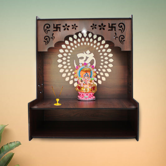 Luxurious Wooden Temple for Home, Office with Spacious Shelf & Inbuilt Focus Lights