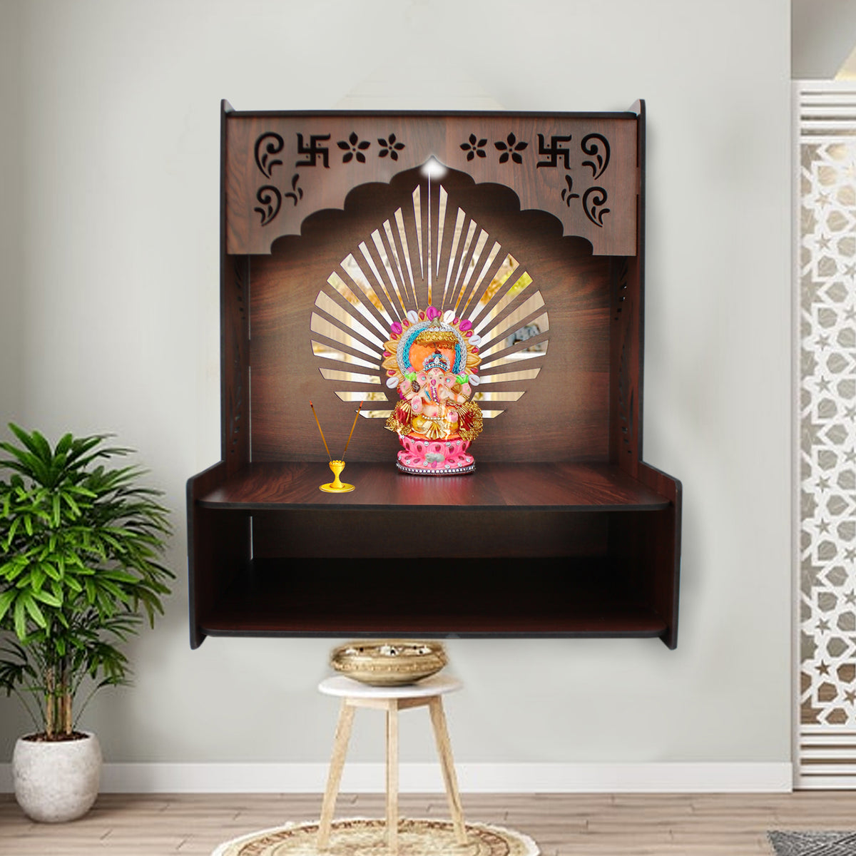 Luxurious Wooden Temple for Home with Spacious Shelf & Inbuilt Focus Lights