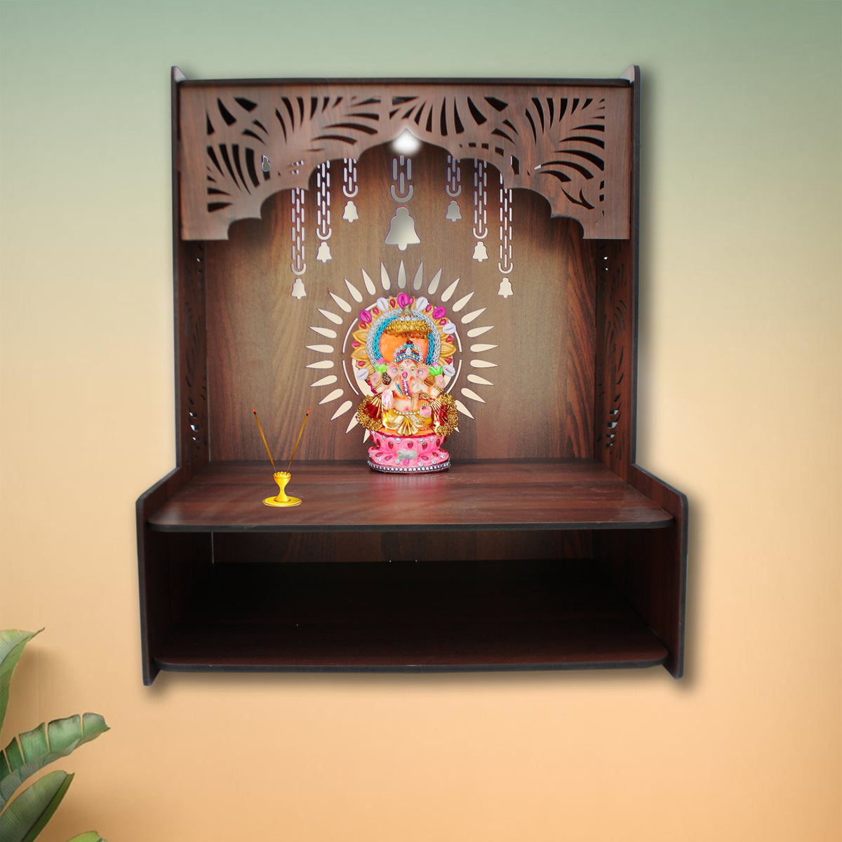 Essentials Wooden Temple for Home with Spacious Shelf & Inbuilt Focus Lights