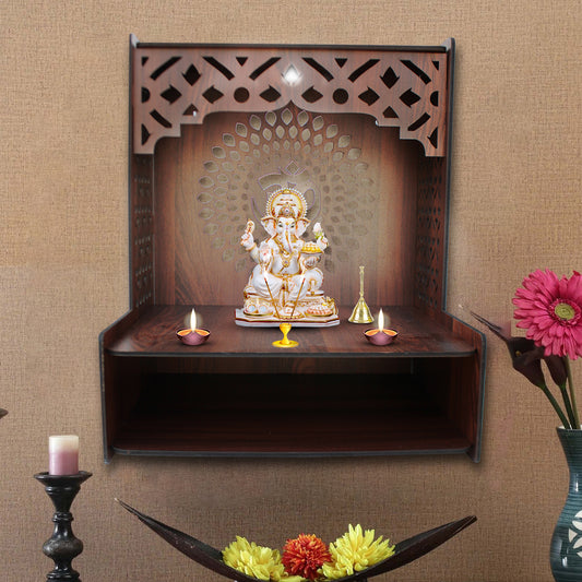 Designer Wooden Temple for Home with Spacious Shelf & Inbuilt Focus Lights