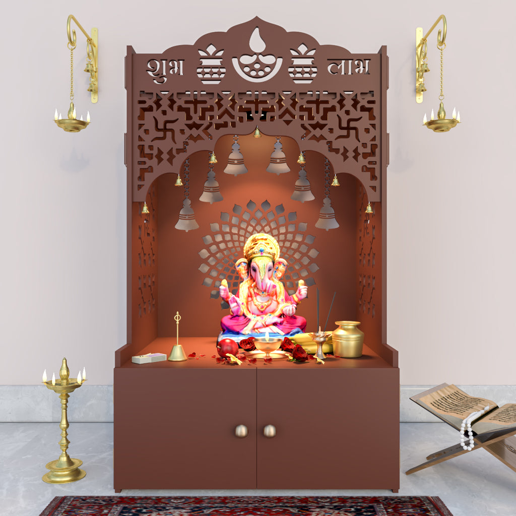 Divine Wooden Floor Temple with Spacious Shelf & Inbuilt Focus Light- Brown