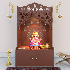 Divine Wooden Floor Temple with Spacious Shelf & Inbuilt Focus Light- Brown