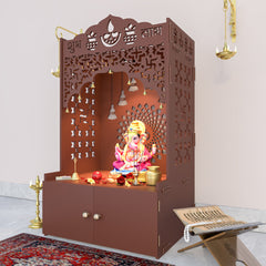 Divine Wooden Floor Temple with Spacious Shelf & Inbuilt Focus Light- Brown