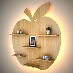 Apple Shape Backlit Wood Wall Shelf / Book Shelf / Night Light, Light Oak Finish