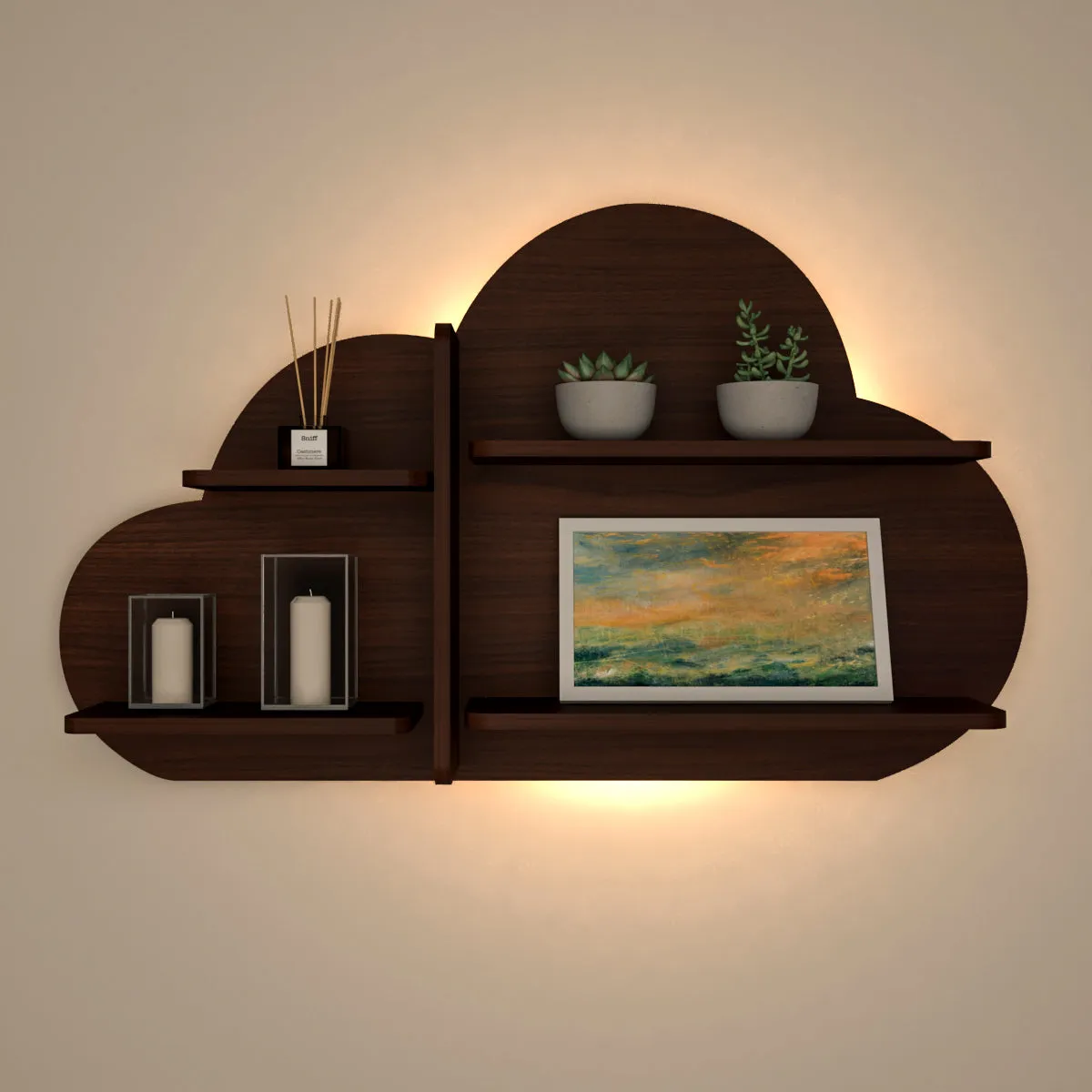 Cloud Shape Backlit Wood Wall Shelf / Book Shelf / Night Light, Walnut Finish