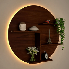 Circle Shape Backlit Wood Wall Shelf / Book Shelf / Night Light, Walnut Finish