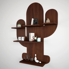 Cactus Shape Wood Wall Shelf / Book Shelf, Walnut Finish